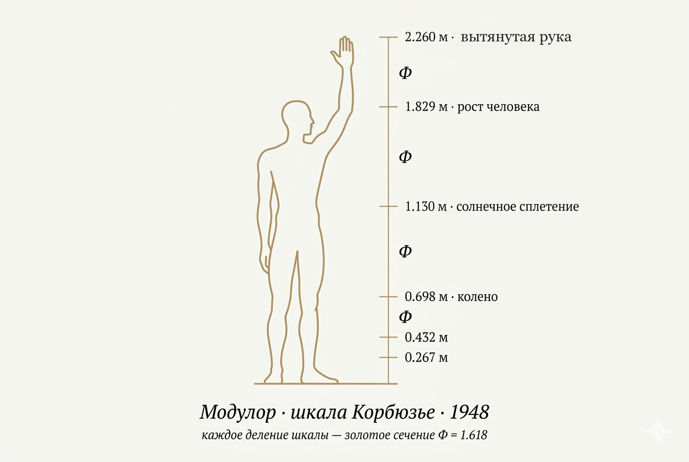Модулор · шкала Ле Корбюзье 1948 года, основанная на пропорциях человеческого тела и золотом сечении Φ